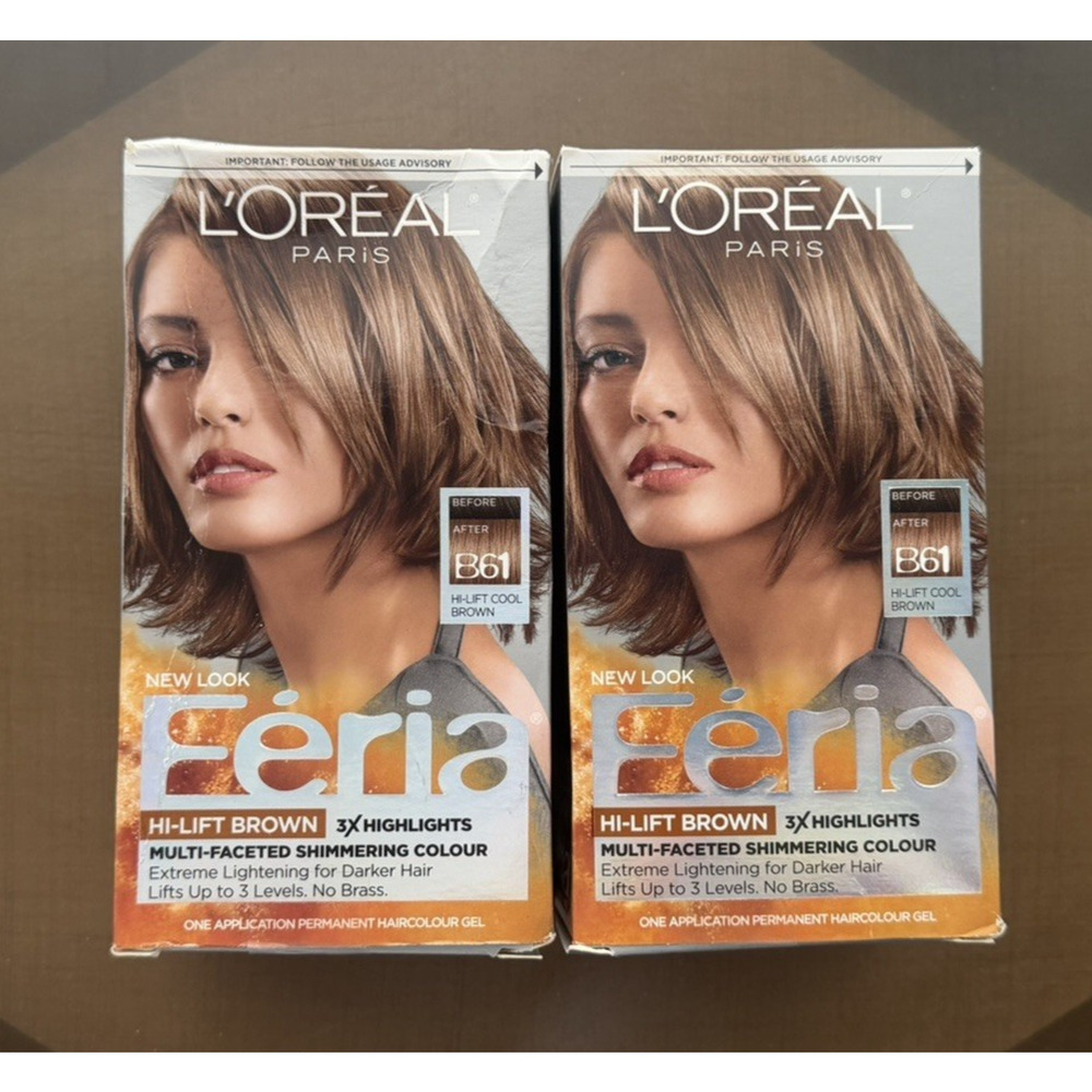 NWT 2 boxes L'Oreal Paris Féria B61 Permanent Hair Color Gel Hi-Lift Cool Brown